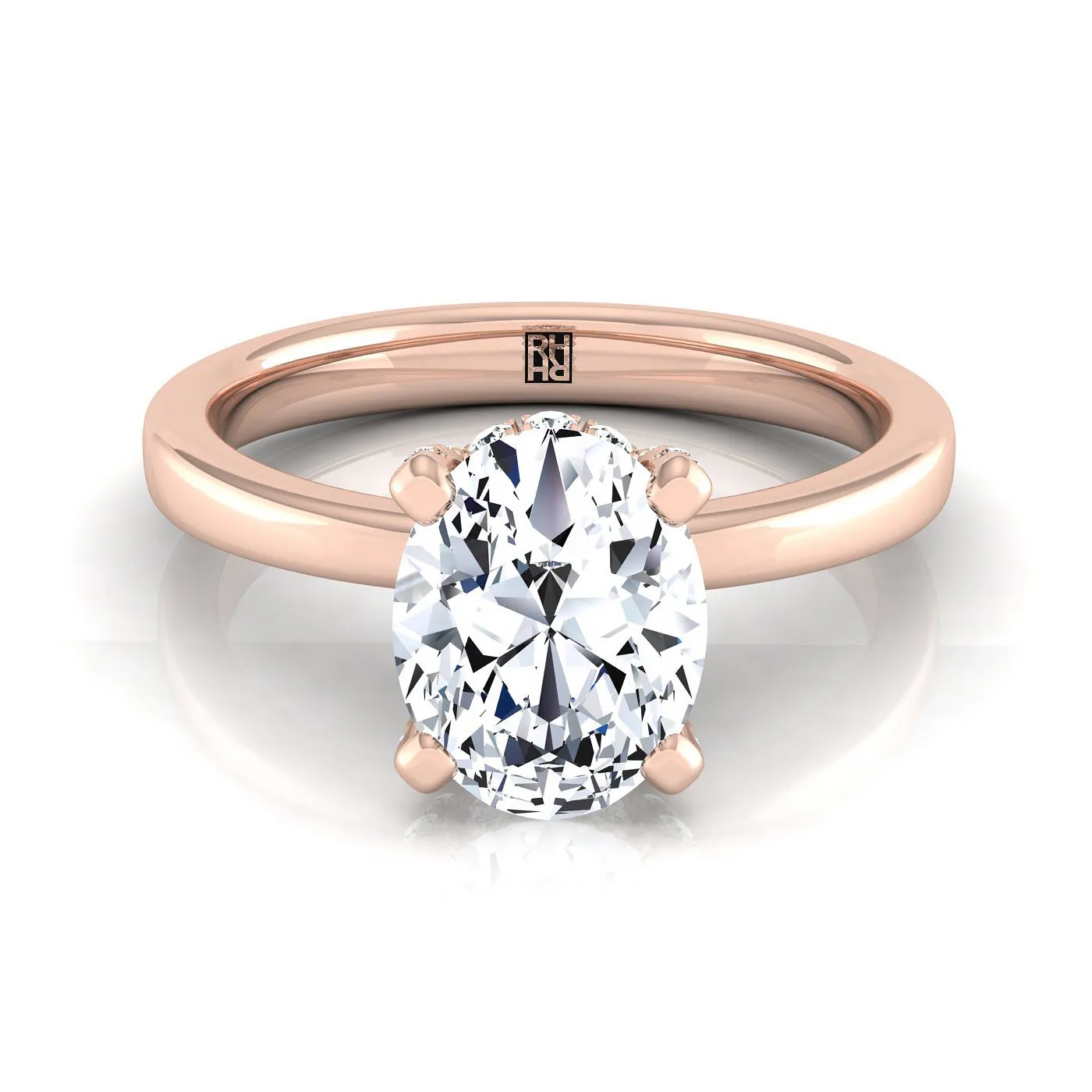 14K Rose Gold Oval Diamond Adorned Claws and Secret Halo Solitaire Engagement Ring -1/10ctw