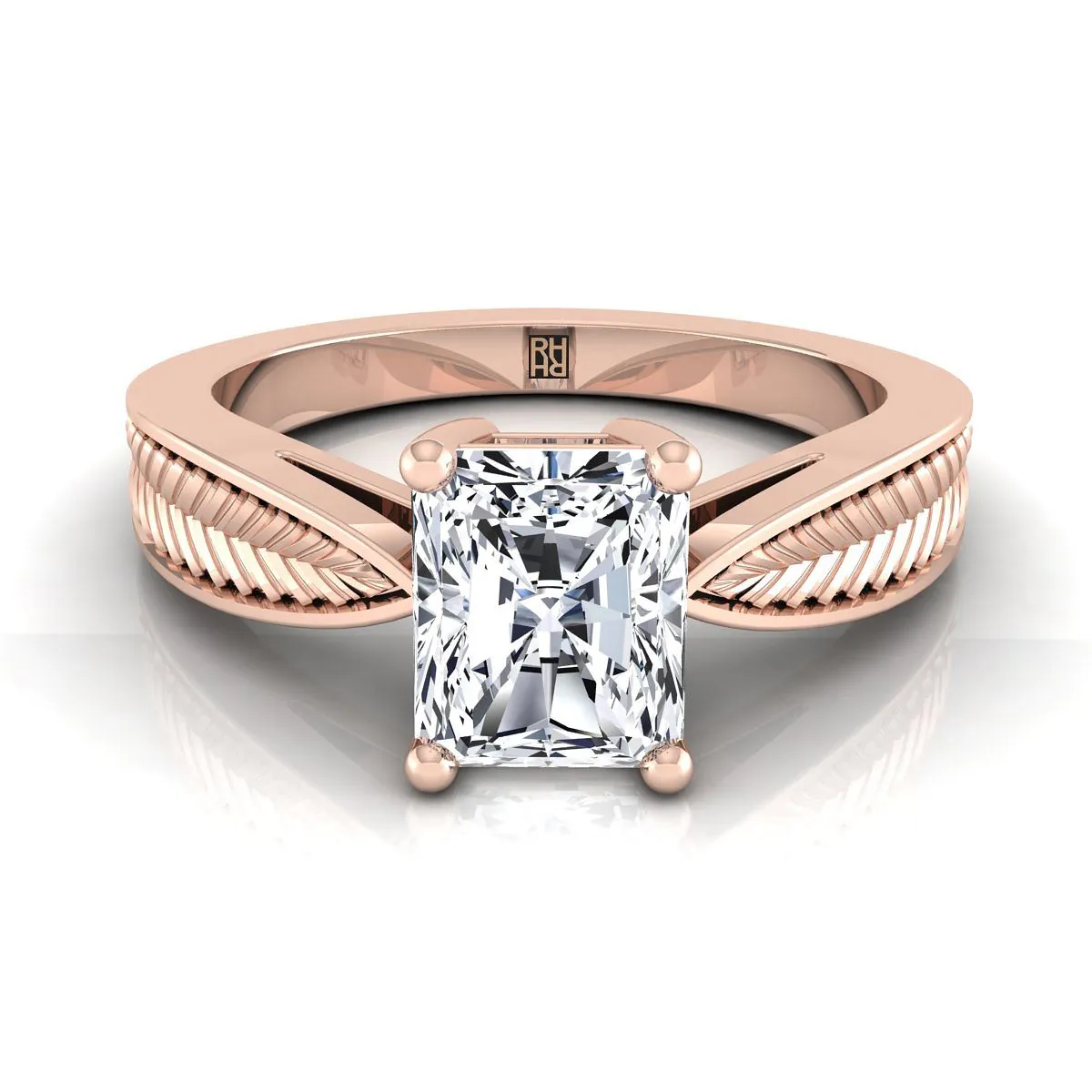 14K Rose Gold Radiant Cut Center Vintage Inspired Leaf Pattern Pinched Solitaire Engagement Ring