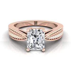 14K Rose Gold Radiant Cut Center Vintage Inspired Leaf Pattern Pinched Solitaire Engagement Ring