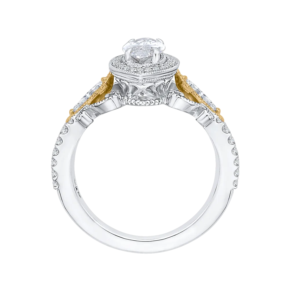 14K Two Tone Gold Marquise Diamond Halo Engagement Ring (Semi Mount)