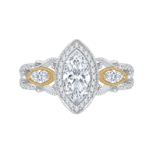 14K Two Tone Gold Marquise Diamond Halo Engagement Ring (Semi Mount)