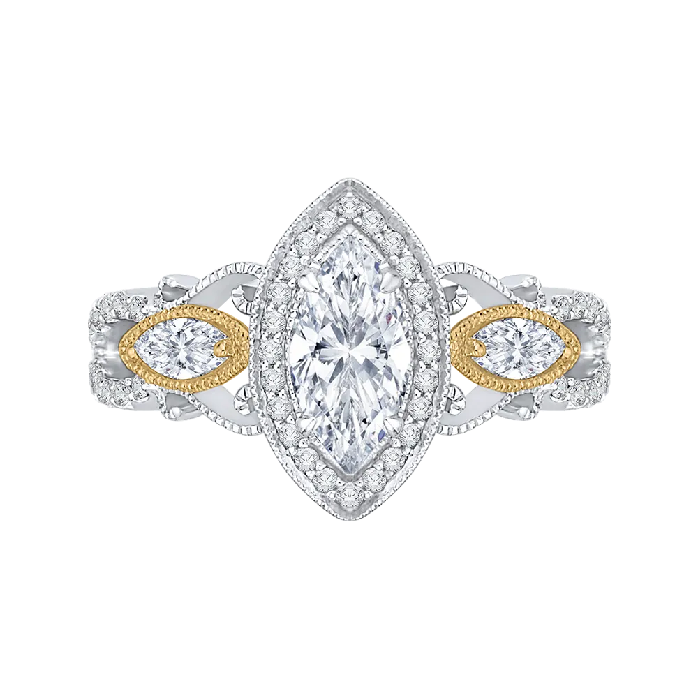 14K Two Tone Gold Marquise Diamond Halo Engagement Ring (Semi Mount)