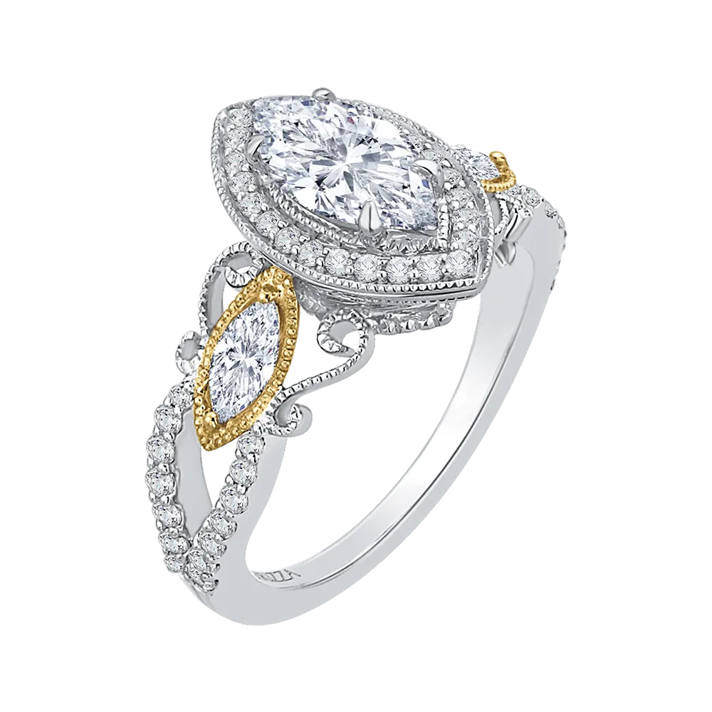 14K Two Tone Gold Marquise Diamond Halo Engagement Ring (Semi Mount)