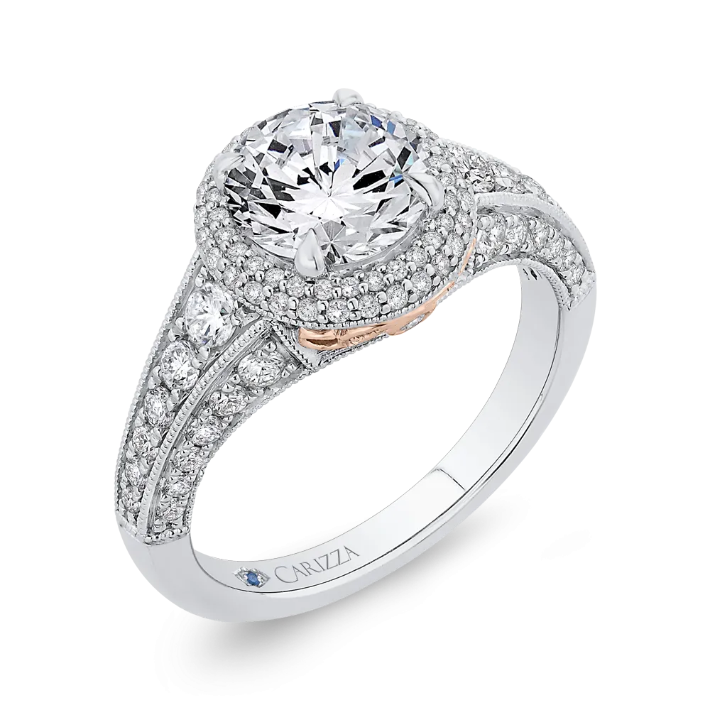 14K Two Tone Gold Round Cut Diamond Halo Engagement Ring (Semi Mount)