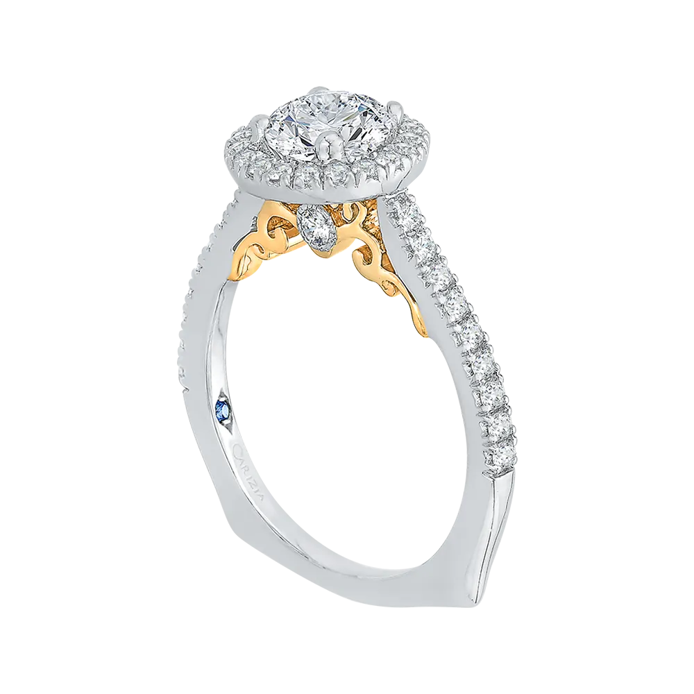 14K Two Tone Gold Round Cut Diamond Halo Engagement Ring (Semi Mount)