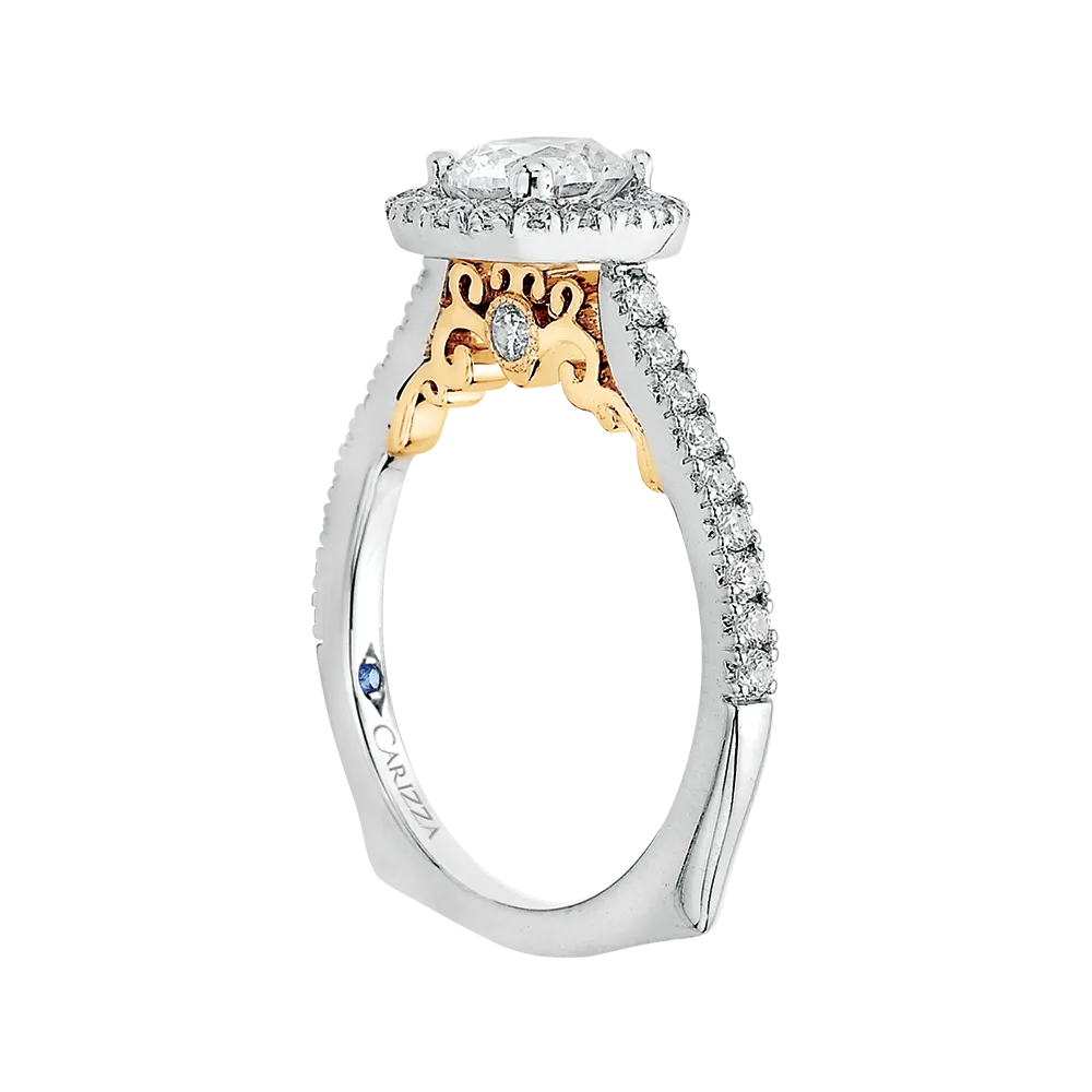 14K Two Tone Gold Round Cut Diamond Halo Engagement Ring (Semi Mount)