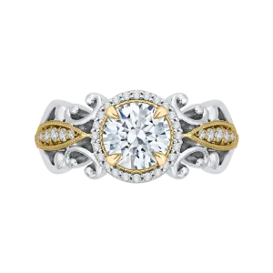 14K Two Tone Gold Round Diamond Halo Engagement Ring (Semi Mount)