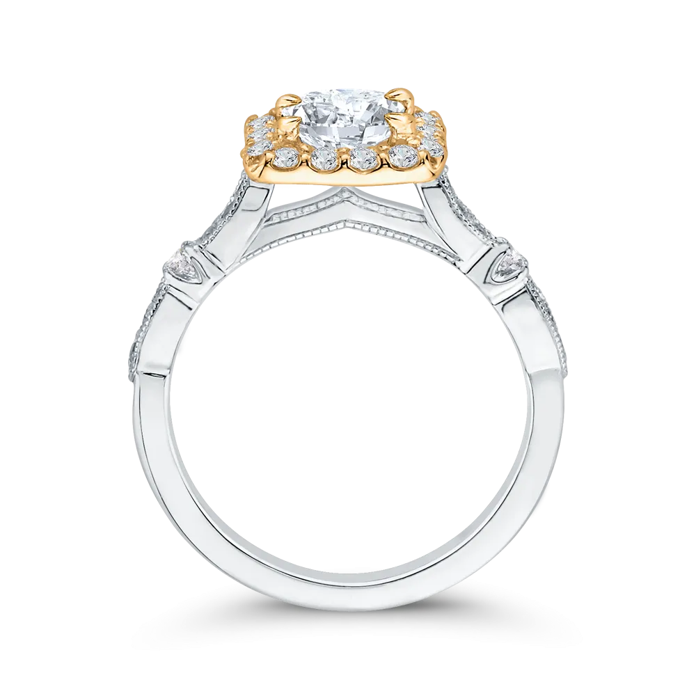 14K Two Tone Gold Round Diamond Halo Vintage Engagement Ring (Semi Mount)