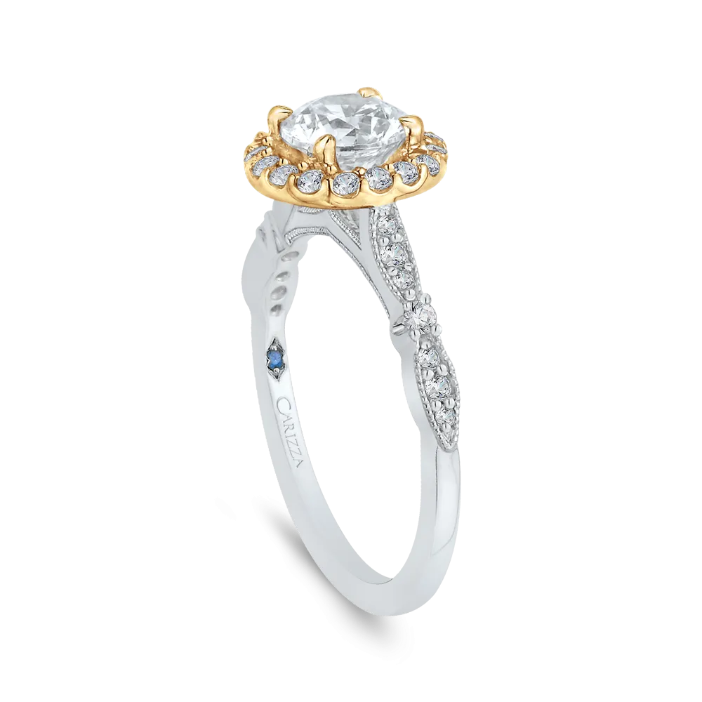 14K Two Tone Gold Round Diamond Halo Vintage Engagement Ring (Semi Mount)