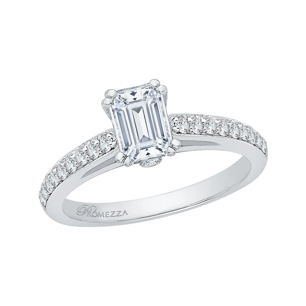 14K White Gold Emerald Cut Diamond Cathedral Style Engagement Ring