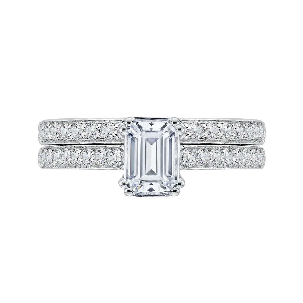 14K White Gold Emerald Cut Diamond Cathedral Style Engagement Ring