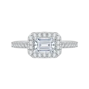 14K White Gold Emerald Cut Diamond Halo Engagement Ring