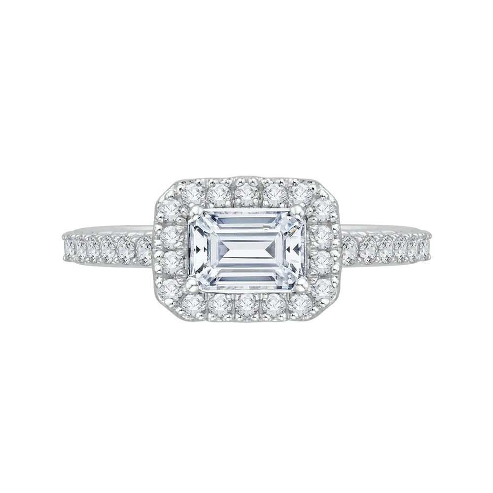 14K White Gold Emerald Cut Diamond Halo Engagement Ring