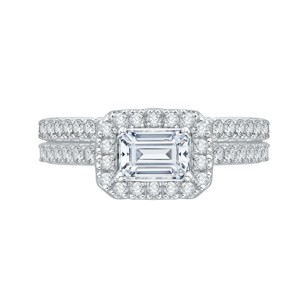 14K White Gold Emerald Cut Diamond Halo Engagement Ring