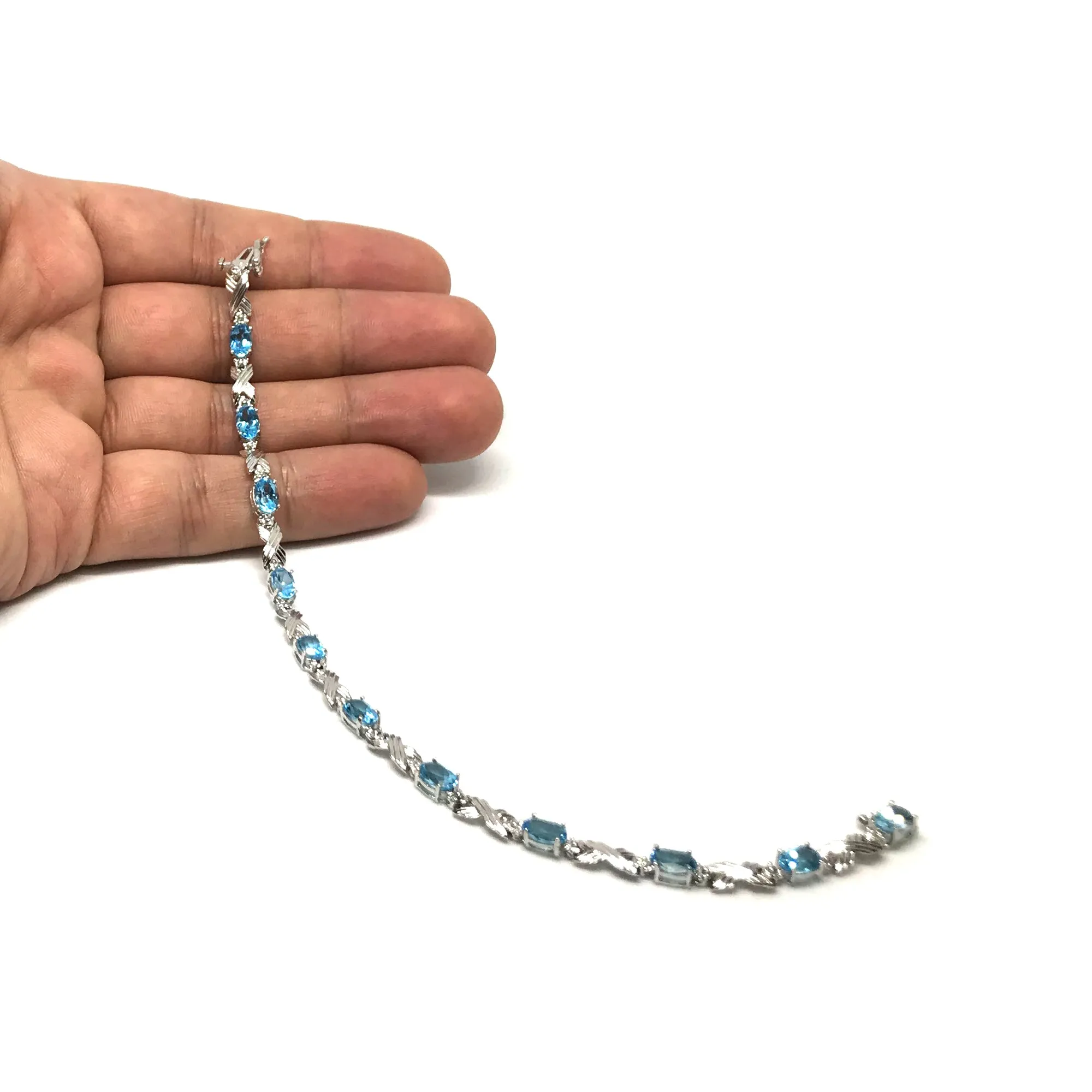 14K White Gold Oval Blue Topaz Stones And Diamonds Tennis Bracelet, 7"