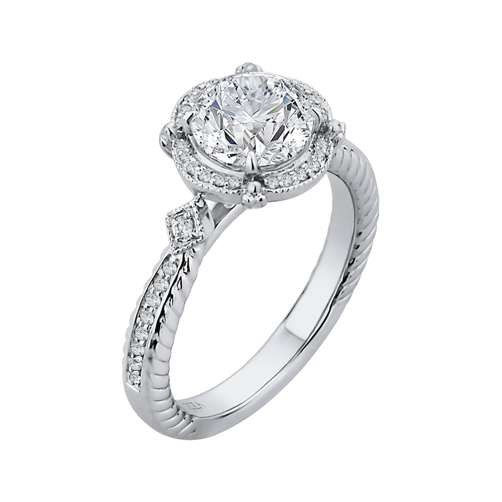 14K White Gold Round Cut Diamond Halo Engagement Ring (Semi Mount)