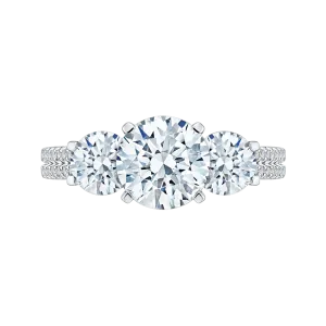 14K White Gold Round Cut Diamond Three Stone Cathedral Style Engagement Ring (Semi Mount)