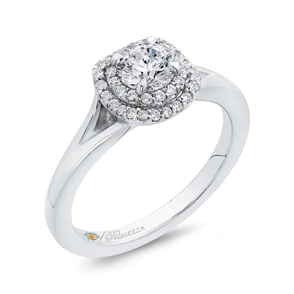 14K White Gold Round Diamond Double Halo with Spit Shank Engagement Ring