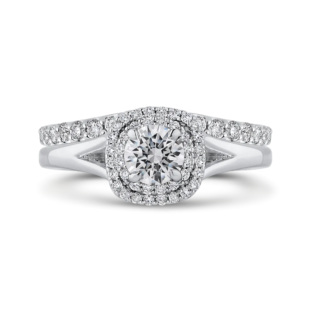 14K White Gold Round Diamond Double Halo with Spit Shank Engagement Ring