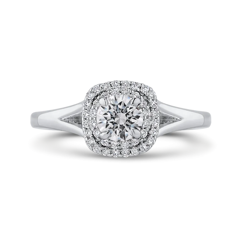 14K White Gold Round Diamond Double Halo with Spit Shank Engagement Ring