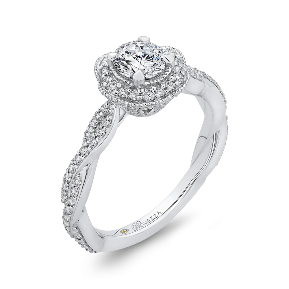 14K White Gold Round Diamond Floral Halo Engagement Ring