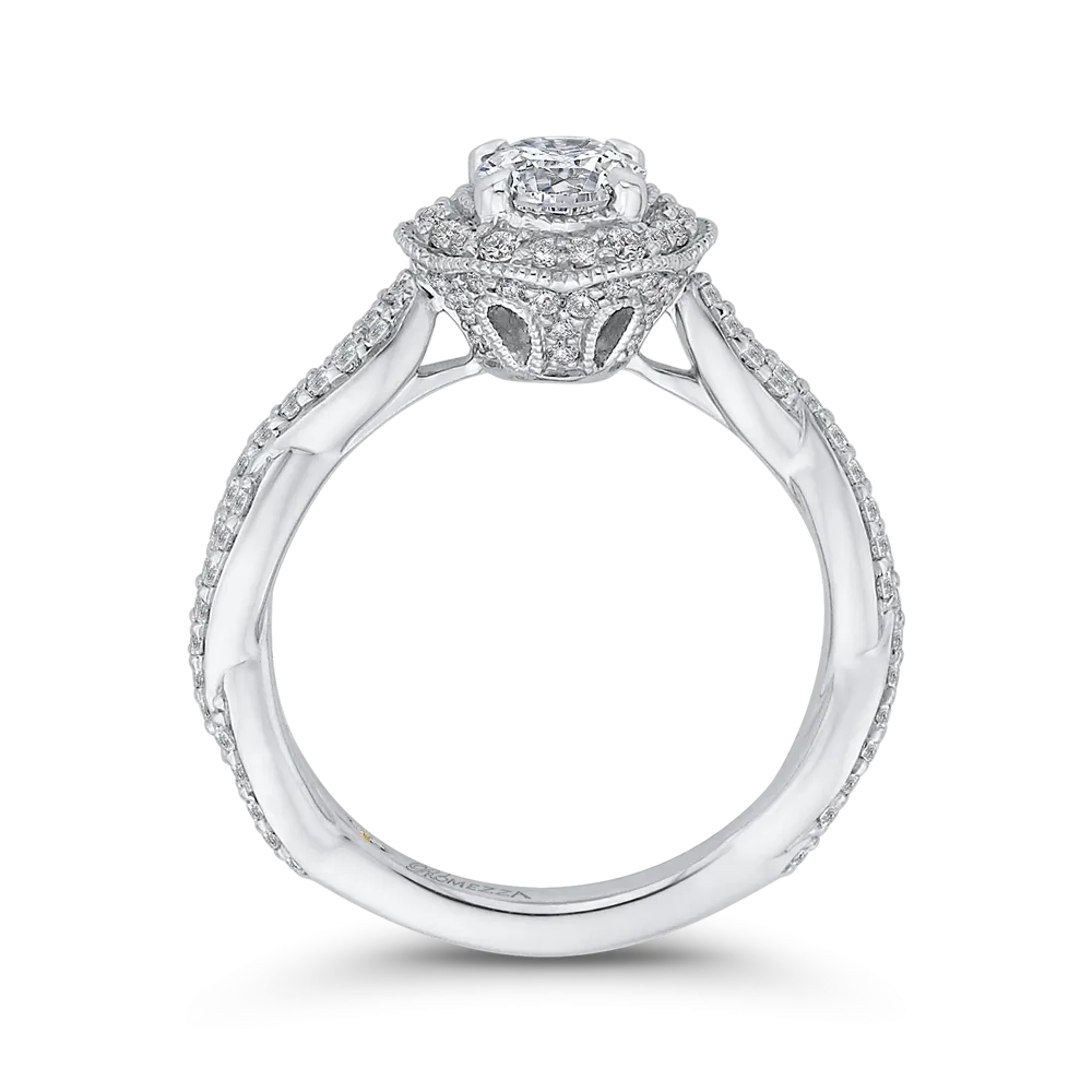 14K White Gold Round Diamond Floral Halo Engagement Ring