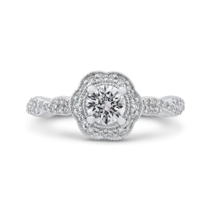 14K White Gold Round Diamond Floral Halo Engagement Ring