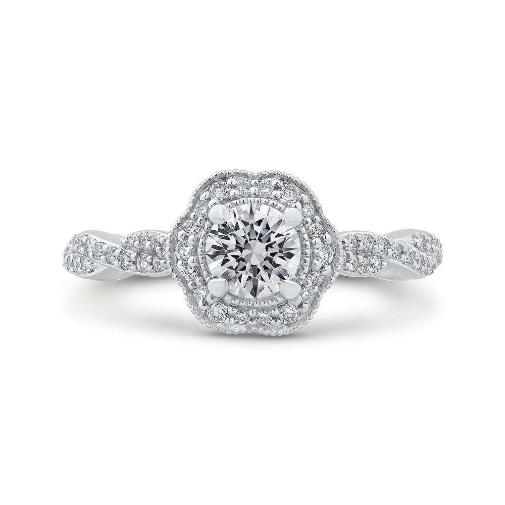 14K White Gold Round Diamond Floral Halo Engagement Ring