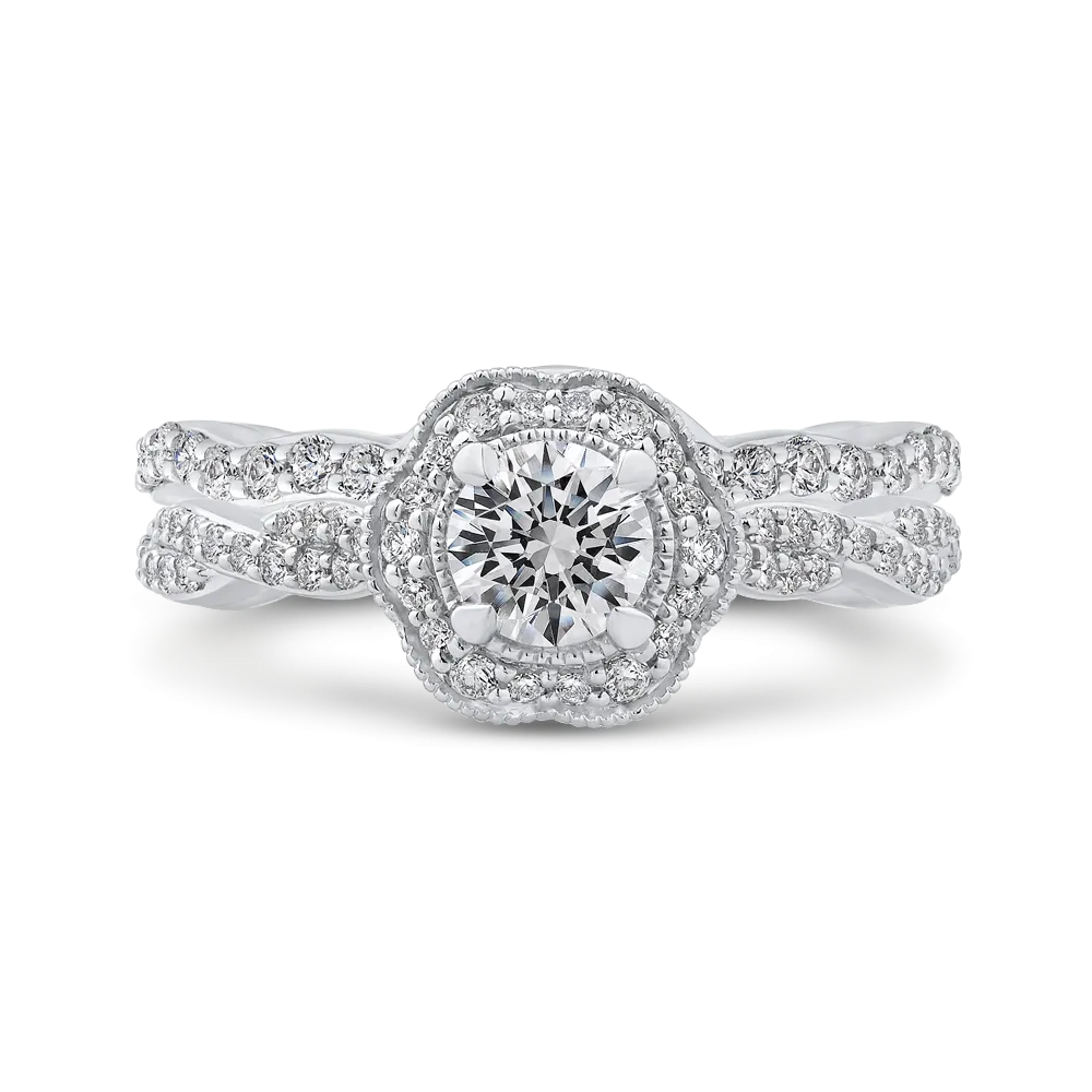 14K White Gold Round Diamond Floral Halo Engagement Ring