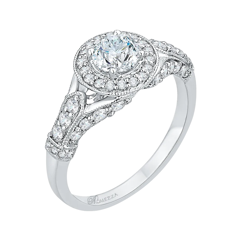 14K White Gold Round Diamond Halo Engagement Ring with Split Shank