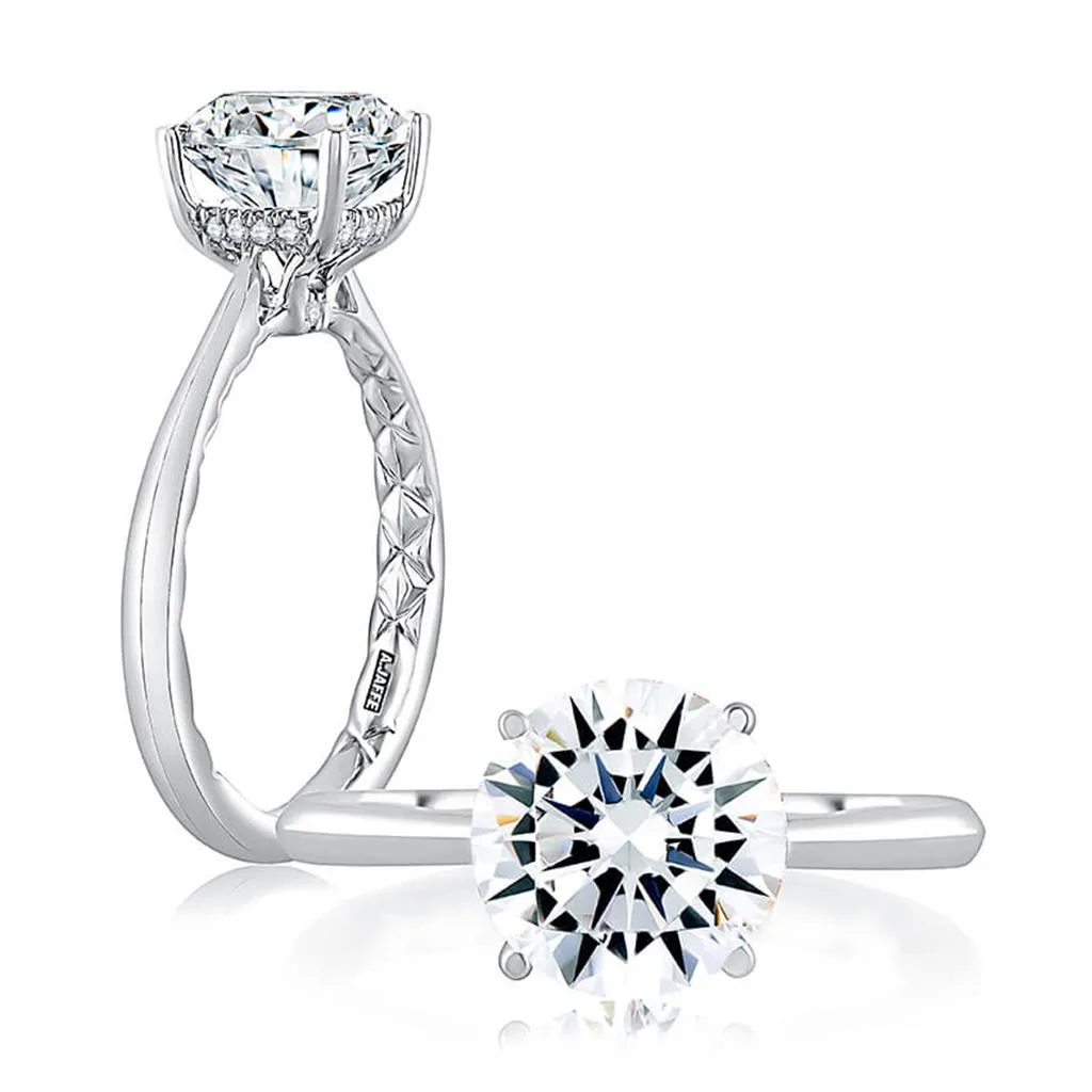 14k White Gold Round Solitaire with Hidden Halo Engagement Ring Mounting