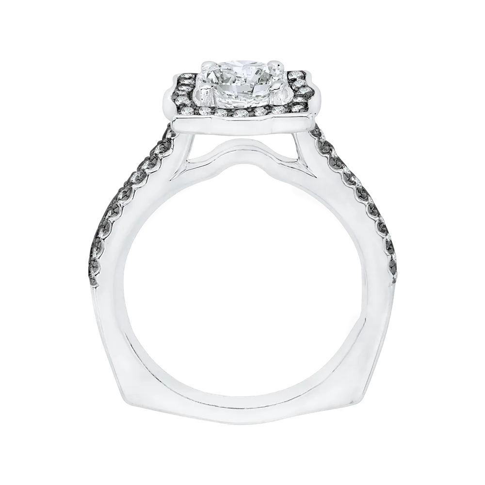 14K White Gold with Black Rhodium Tips Round Diamond Halo Vintage Engagement Ring (Semi Mount)