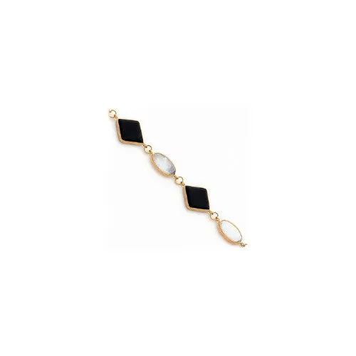 14K Yellow Gold Polished Genuine Fancy Onyx & Created Opal Bracelet