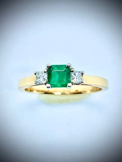 14K Yellow/White Gold Natural Square Emerald & Princess Cut Diamond Ring