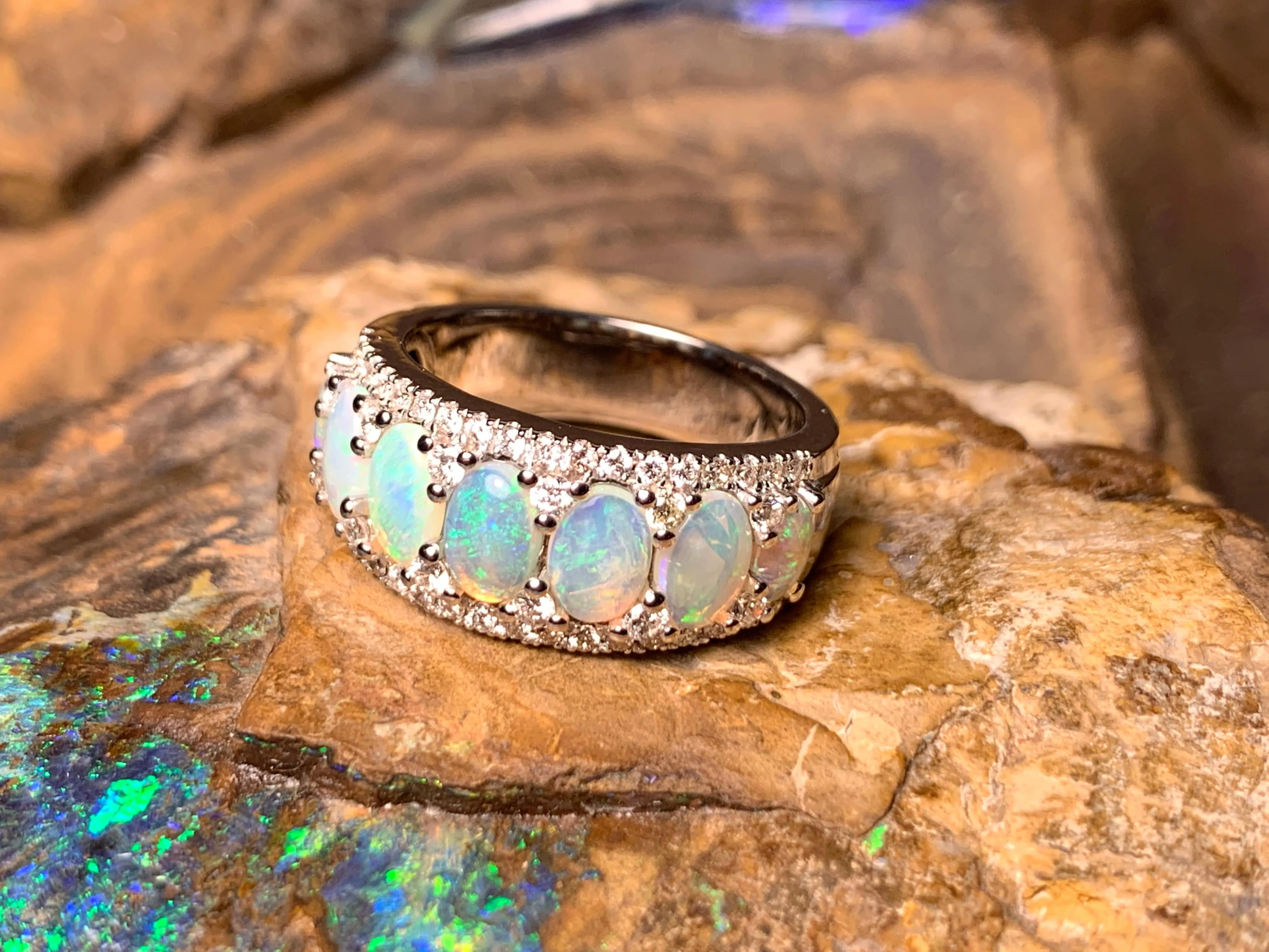 14kt White Gold eternity style Opal and Diamond ring