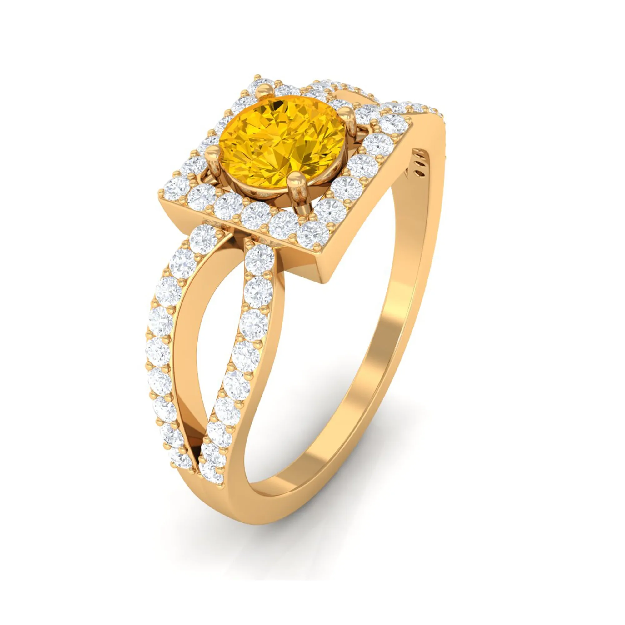 1.5 CT Split Shank Yellow Sapphire Engagement Ring with Diamond Accent