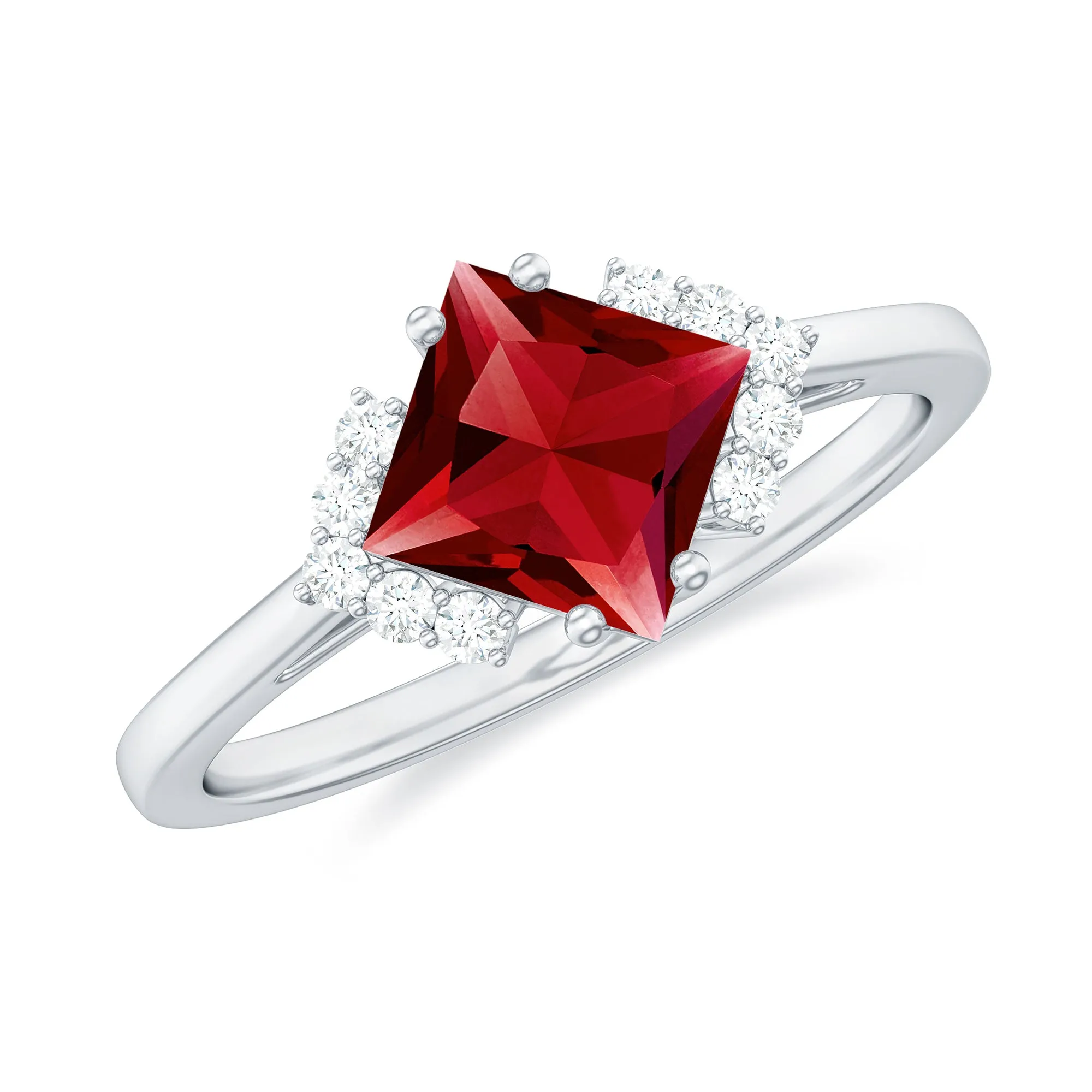 1.75 CT Princess Cut Lab Grown Ruby Engagement Ring with Diamond