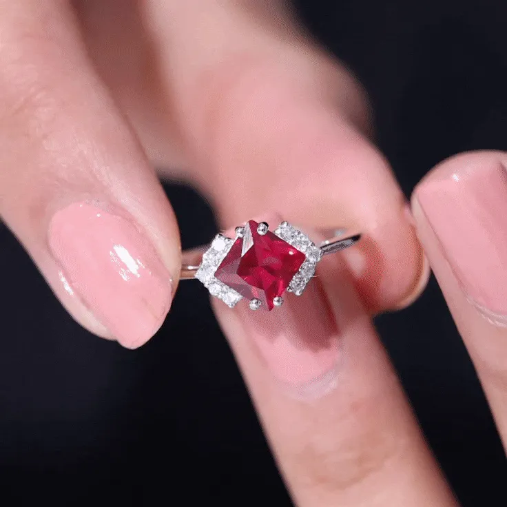 1.75 CT Princess Cut Lab Grown Ruby Engagement Ring with Diamond