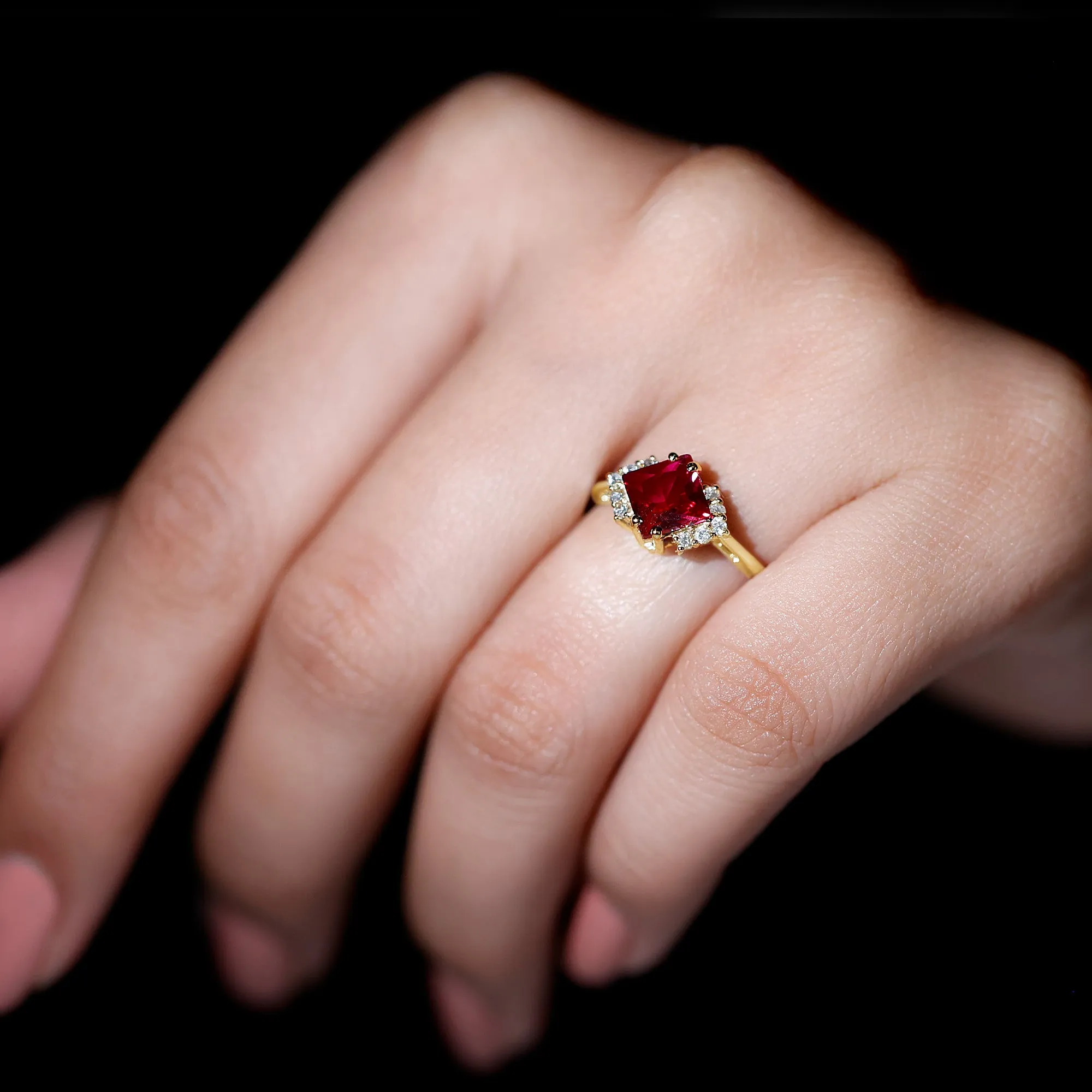 1.75 CT Princess Cut Lab Grown Ruby Engagement Ring with Diamond