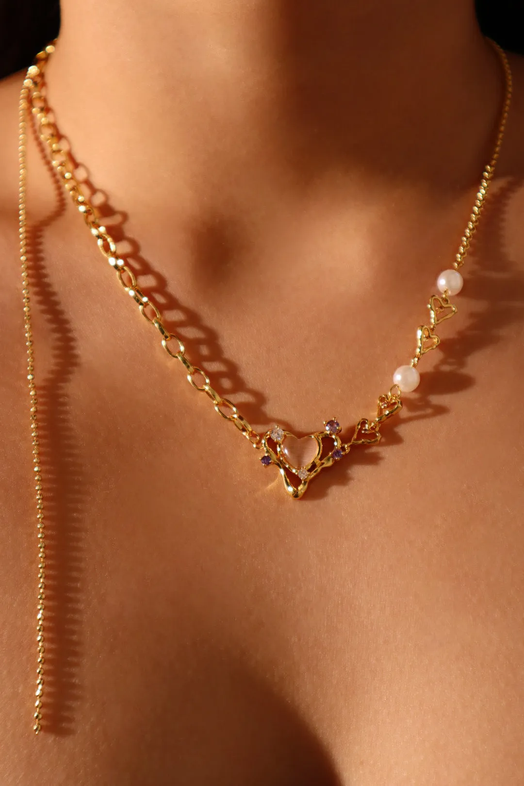 18K Real Gold Plated Pink Opal Heart Pearls Necklace