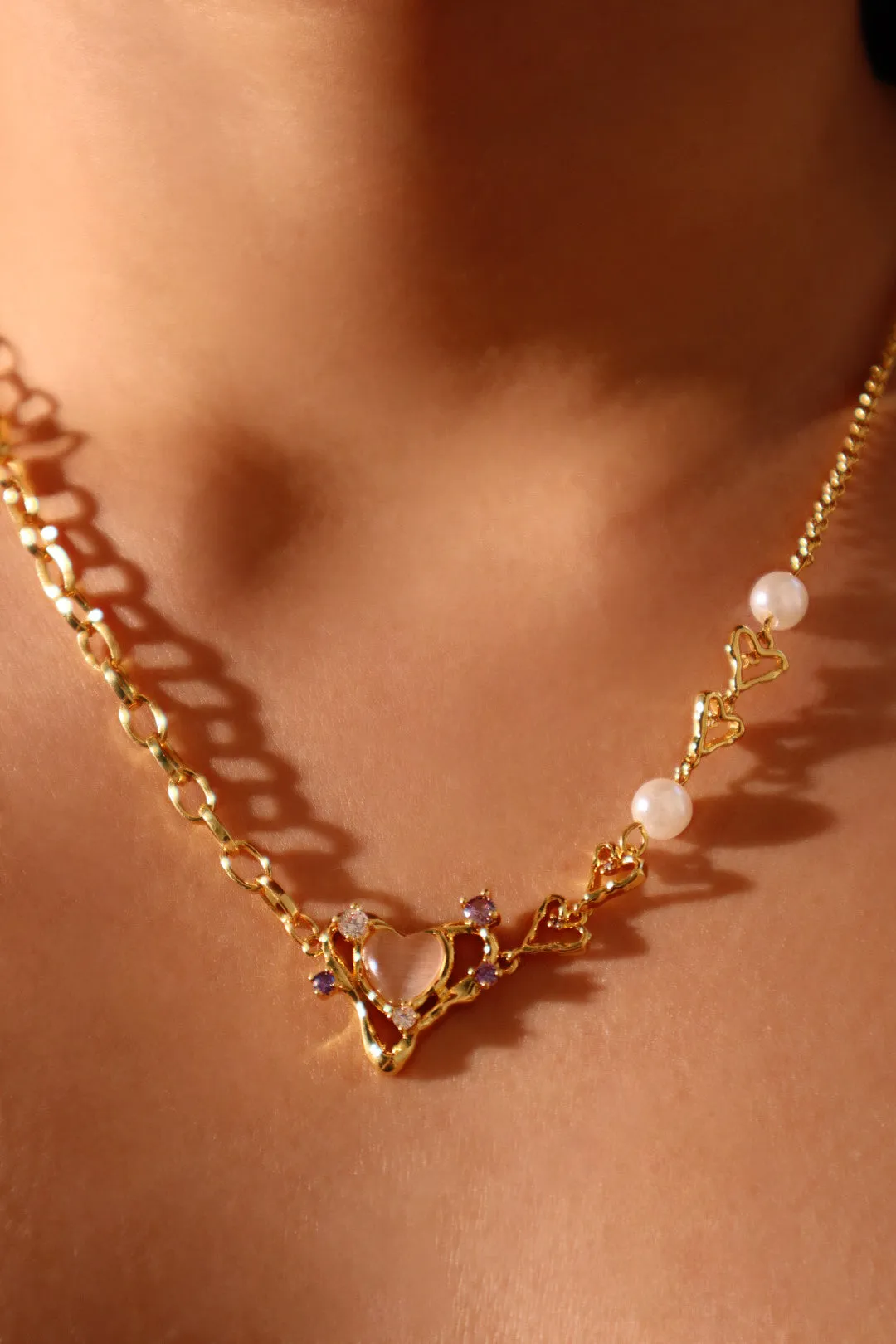 18K Real Gold Plated Pink Opal Heart Pearls Necklace