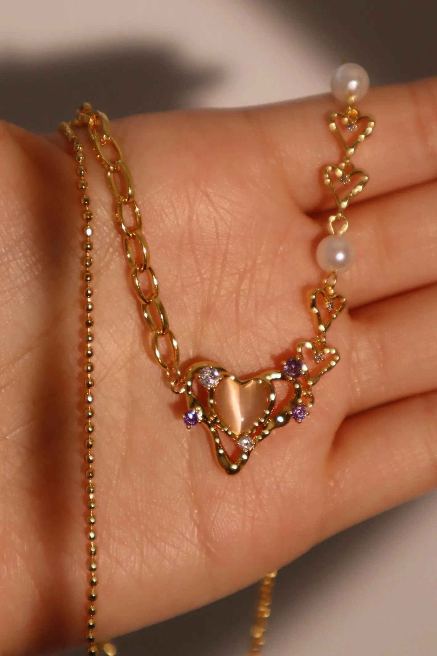 18K Real Gold Plated Pink Opal Heart Pearls Necklace