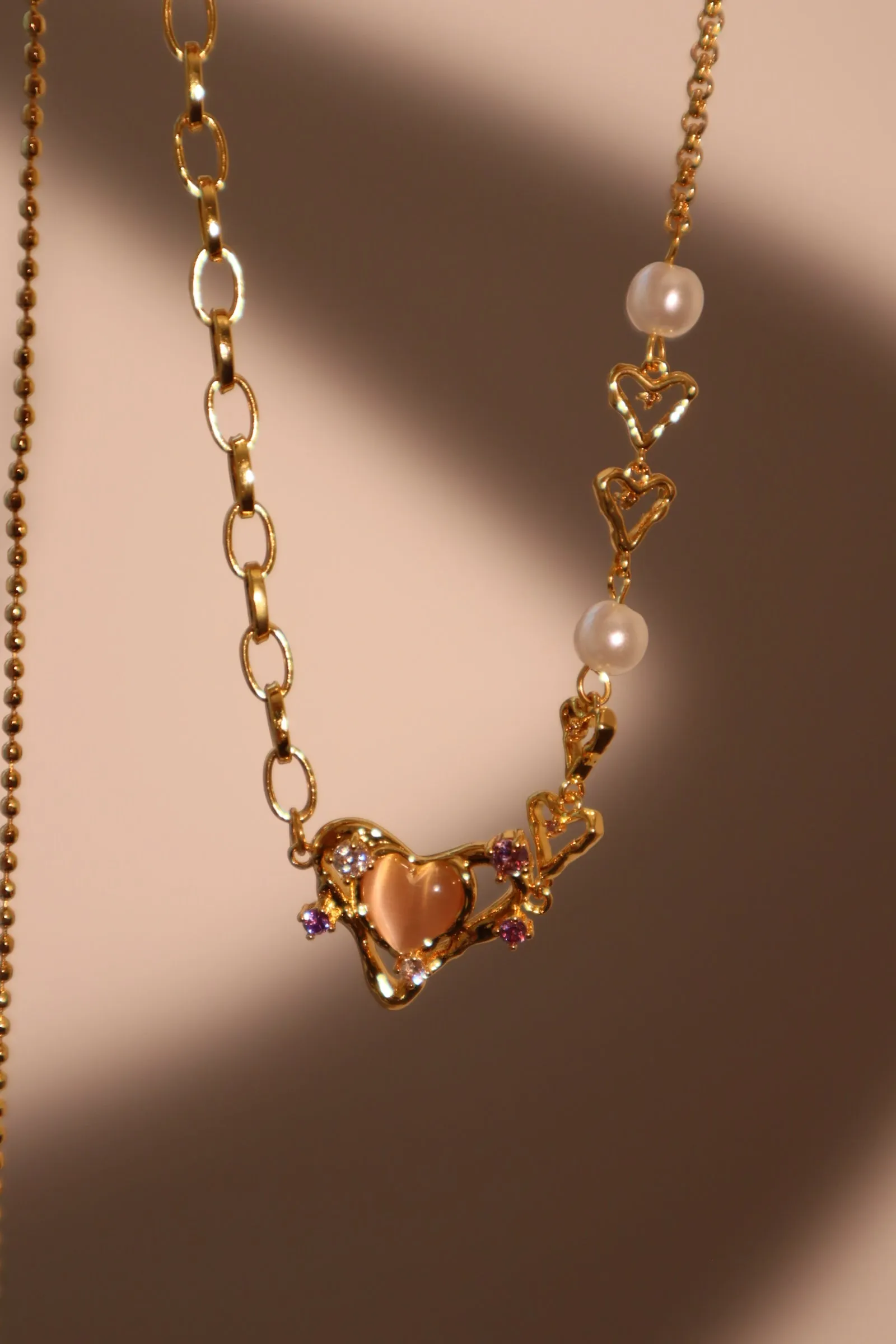 18K Real Gold Plated Pink Opal Heart Pearls Necklace