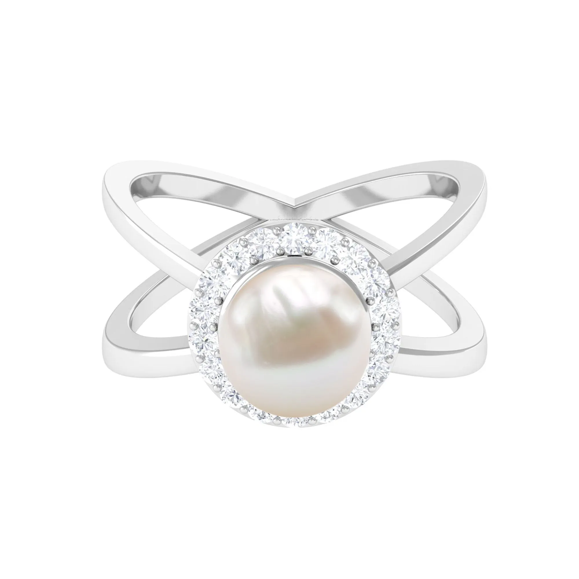 2.5 CT Freshwater Pearl Criss Cross Engagement Ring with Diamond Halo