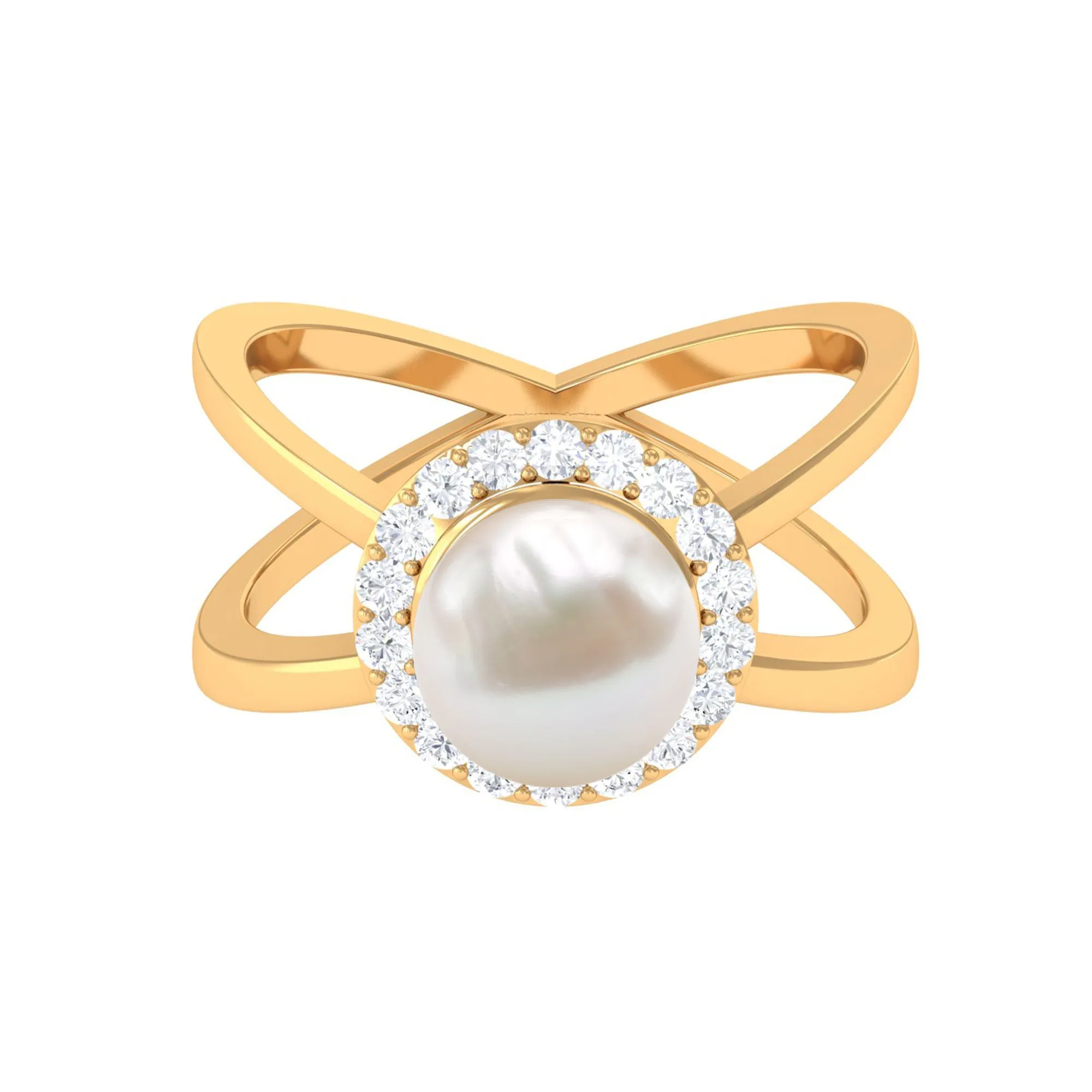 2.5 CT Freshwater Pearl Criss Cross Engagement Ring with Diamond Halo