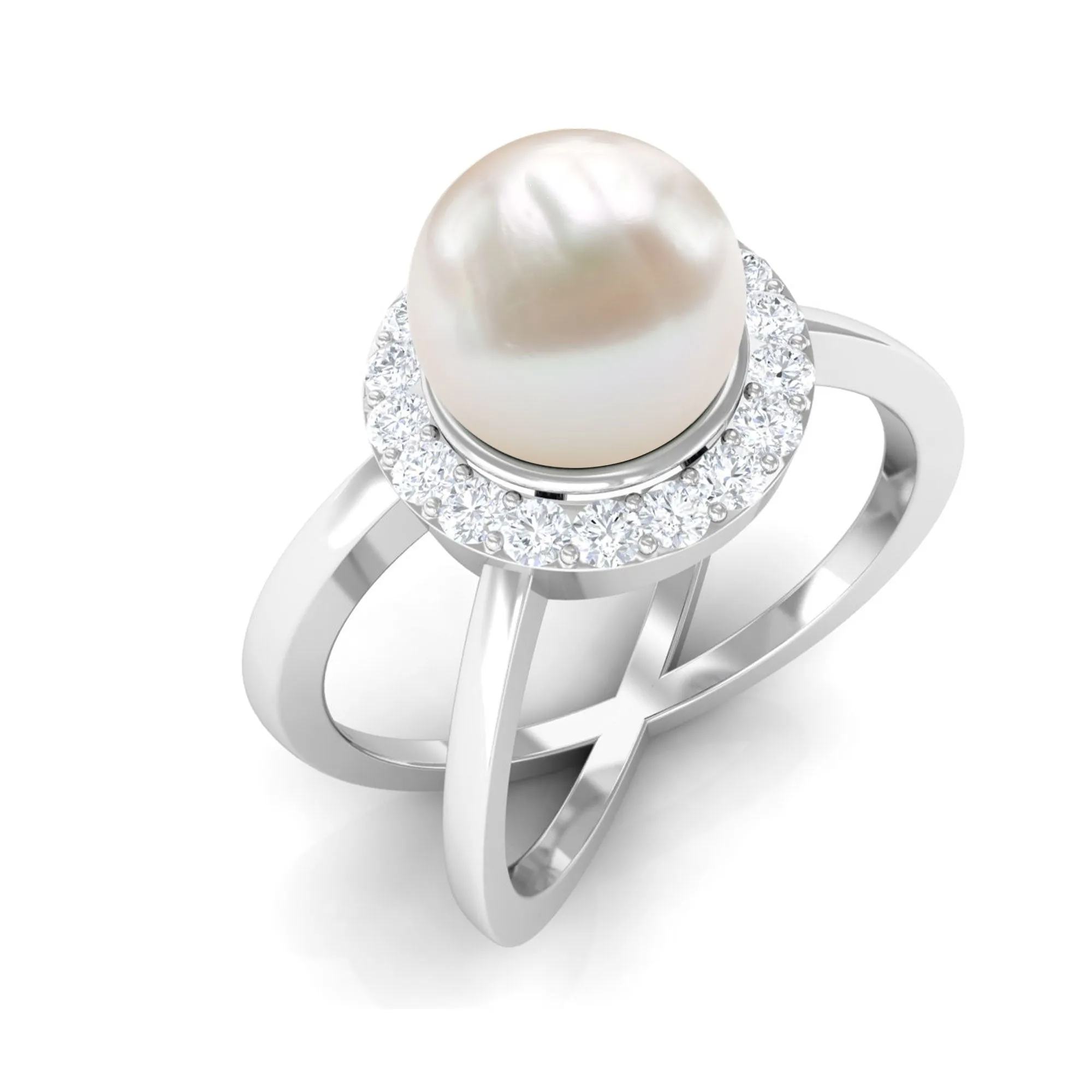 2.5 CT Freshwater Pearl Criss Cross Engagement Ring with Diamond Halo