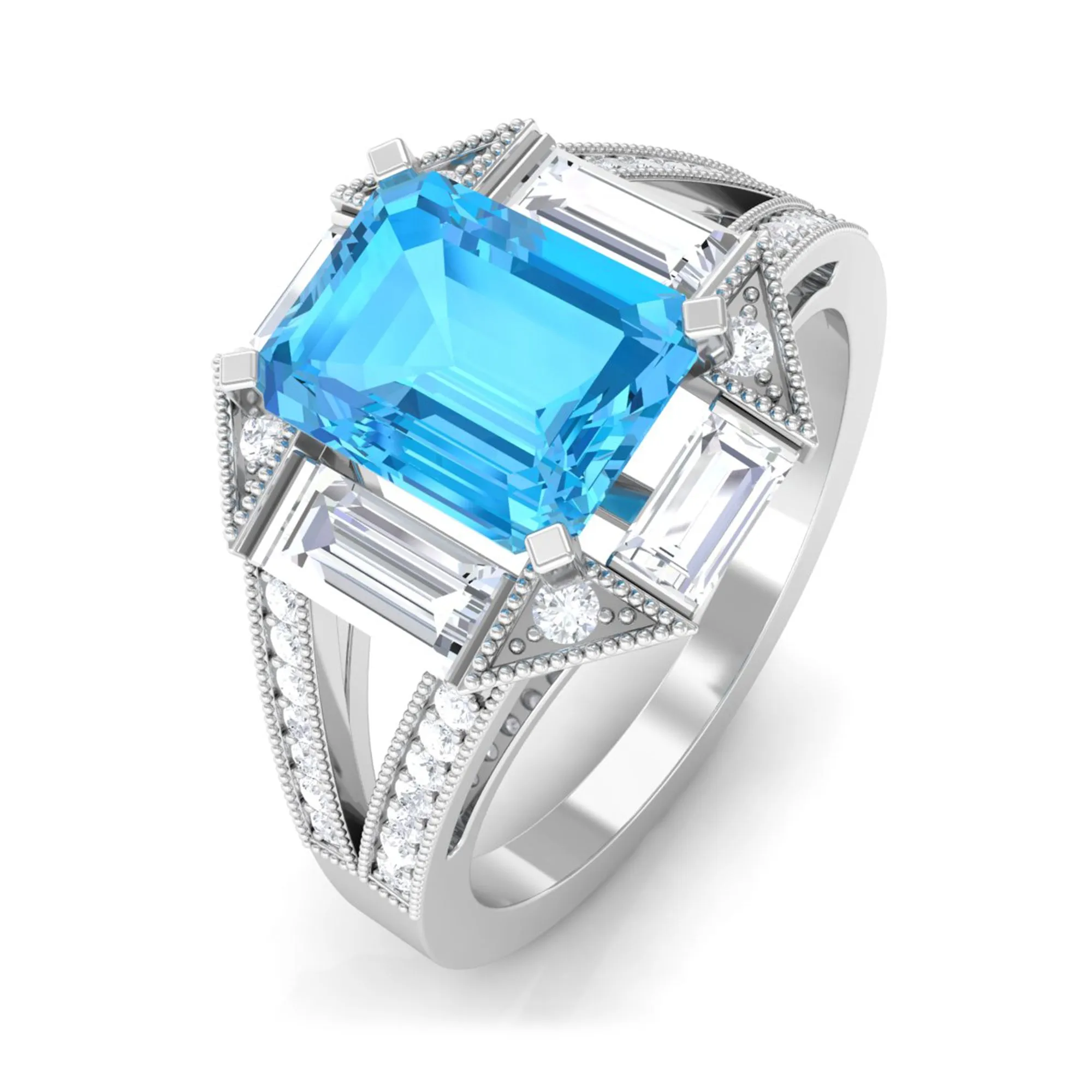 2.5 CT Octagon Swiss Blue Topaz Art Deco Engagement Ring with Moissanite