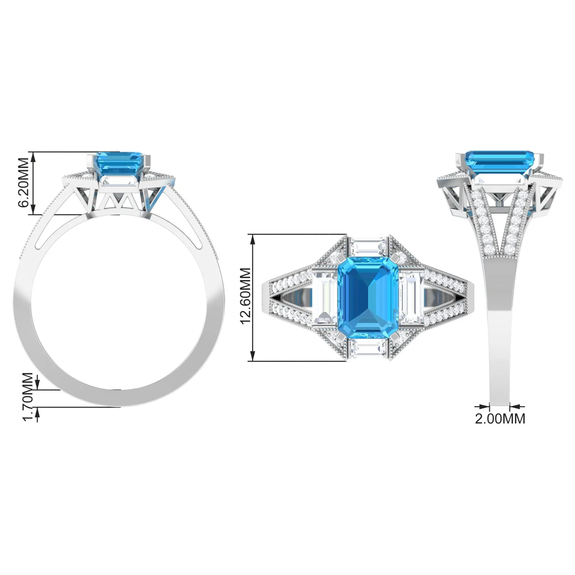 2.5 CT Octagon Swiss Blue Topaz Art Deco Engagement Ring with Moissanite