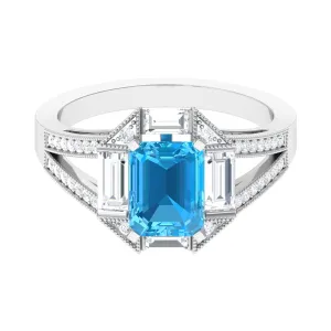 2.5 CT Octagon Swiss Blue Topaz Art Deco Engagement Ring with Moissanite