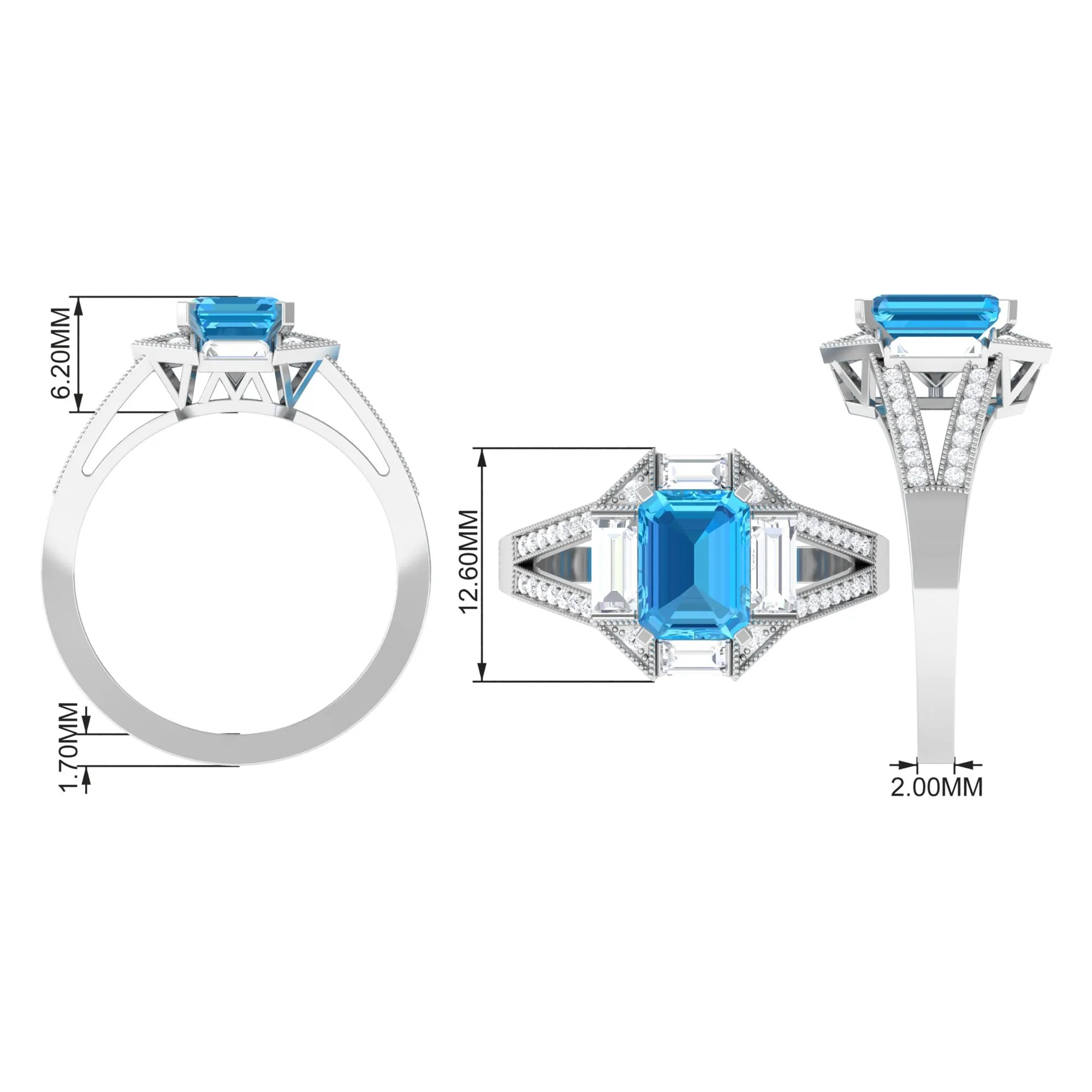 2.5 CT Octagon Swiss Blue Topaz Art Deco Engagement Ring with Moissanite